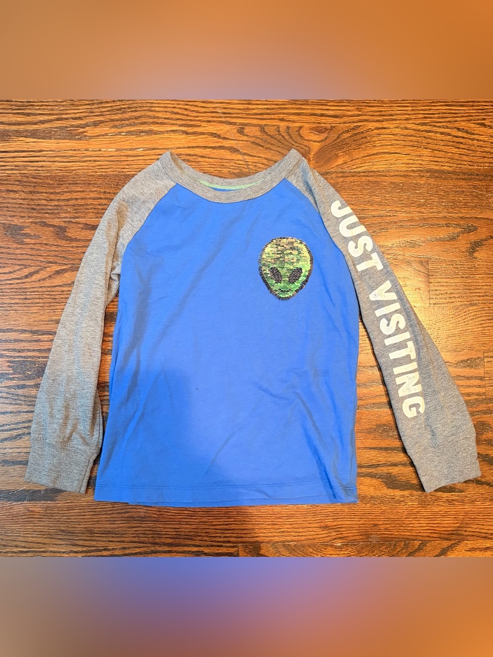 OshKosh B'gosh Blue & Gray Raglan Tee with Green Sequin Alien